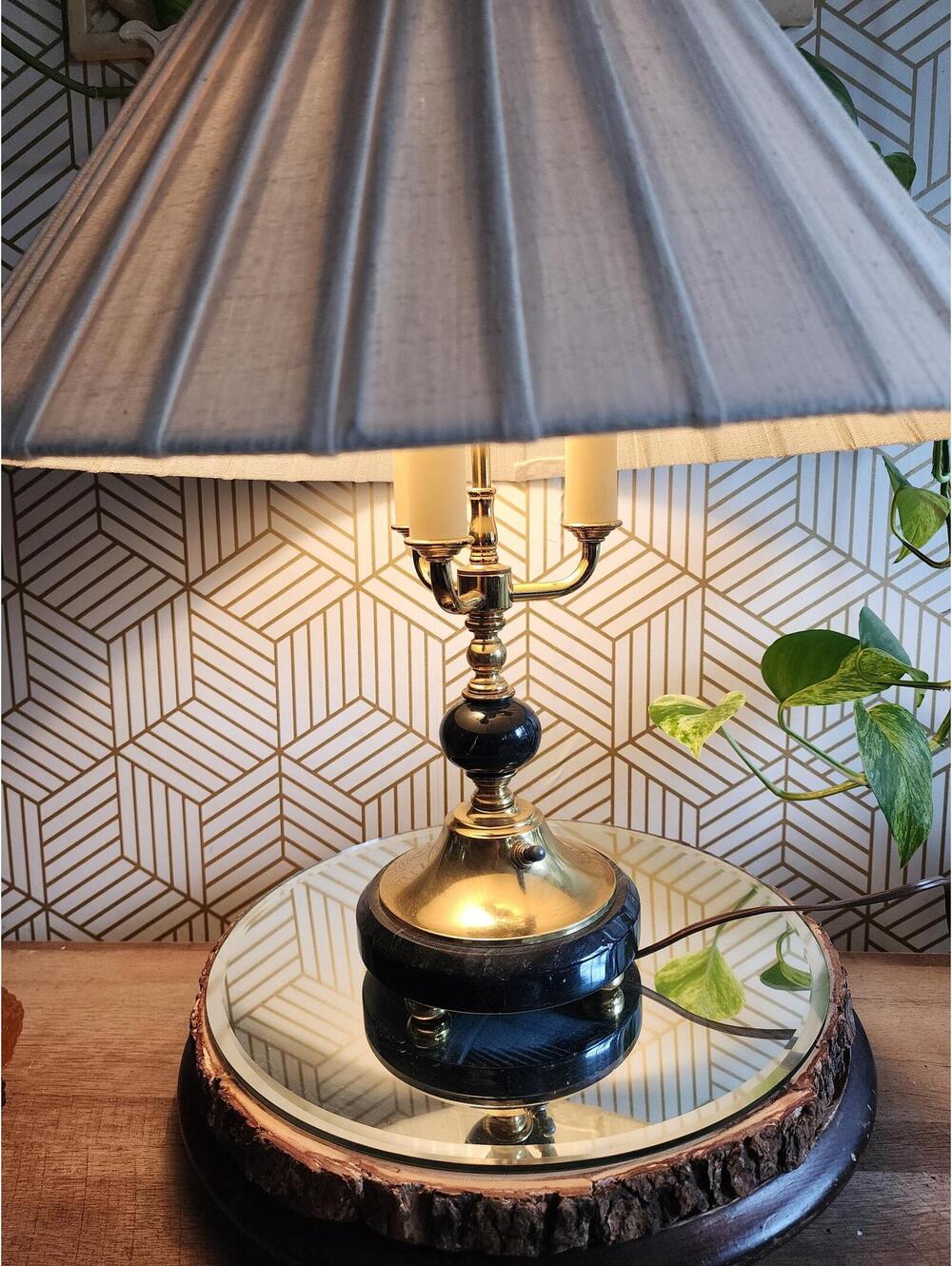 Vintage Brass and Black Marble Bouillotte Candlestick Lamp Pleated Fabric Shade